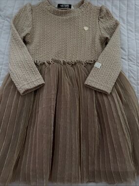 Girls Cream Knit Bodice with Taupe Tulle Skirt Dress